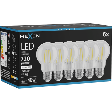 Mexen Vintis 6x LED spuldze ar kvēldiegu E27, A60, 6W, Neitrāla - 4000K, 720 lm, caurspīdīga - L150-E27-0640-00x06