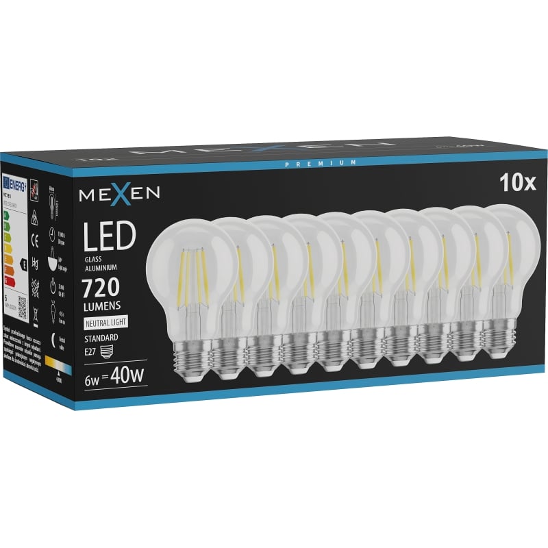 Mexen Vintis 10x LED-Filamentlampe E27, A60, 6W, Neutral - 4000K, 720 lm, klar - L150-E27-0640-00x10
