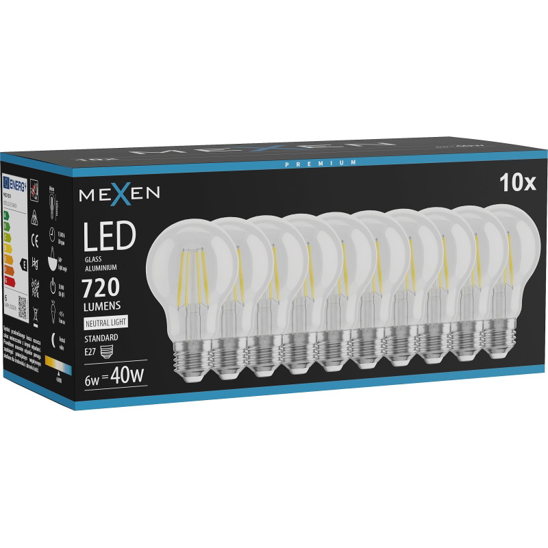 Mexen Vintis 10x LED-filamenttilamppu E27, A60, 6W, Neutraali - 4000K, 720 lm, kirkas - L150-E27-0640-00x10