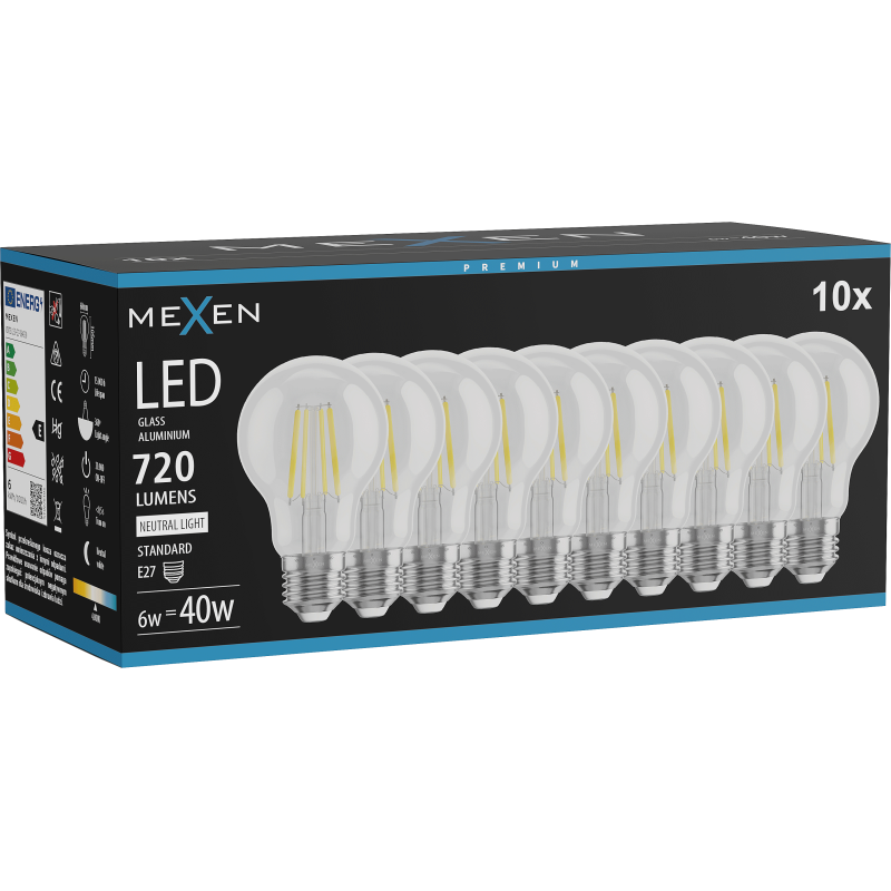 Mexen Vintis 10x LED λαμπτήρας νήματος E27, A60, 6W, Ουδέτερη - 4000K, 720 lm, καθαρή