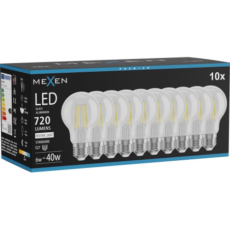 Mexen Vintis 10x LED filamentlamp E27, A60, 6W, Neutraal - 4000K, 720 lm, helder - L150-E27-0640-00x10