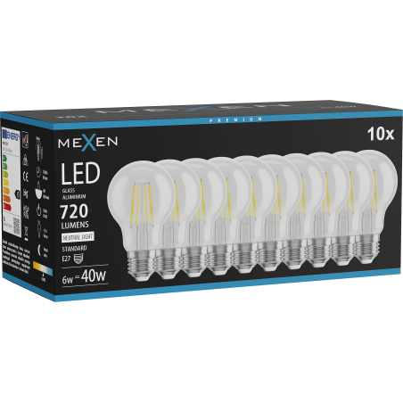 Mexen Vintis 10x LED-Filamentlampe E27, A60, 6W, Neutral - 4000K, 720 lm, klar - L150-E27-0640-00x10