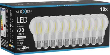 Mexen Vintis 10x LED-filamentlamp E27, A60, 6W, Neutraalne - 4000K, 720 lm, läbipaistev - L150-E27-0640-00x10