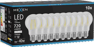 Mexen Vintis 10x LED kvēlspuldze E27, A60, 6W, Neitrāla - 4000K, 720 lm, caurspīdīga - L150-E27-0640-00x10