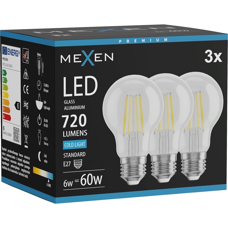 Mexen Vintis 3x LED-filamentlampa E27, A60, 6W, Kall - 6500K, 720 lm, klar - L150-E27-0665-00x03