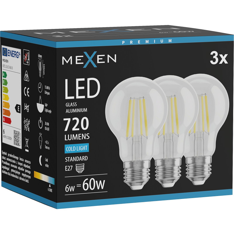 Mexen Vintis 3x LED-filamenttilamppu E27, A60, 6W, Kylmä - 6500K, 720 lm, kirkas - L150-E27-0665-00x03