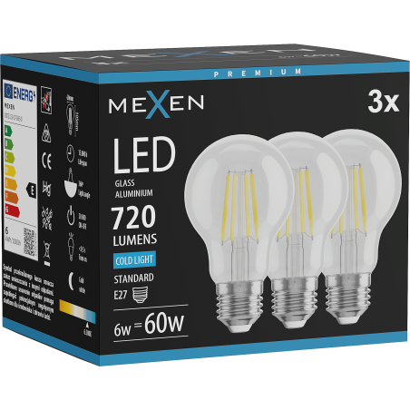 Mexen Vintis 3x LED filamentlamp E27, A60, 6W, Koud - 6500K, 720 lm, helder - L150-E27-0665-00x03