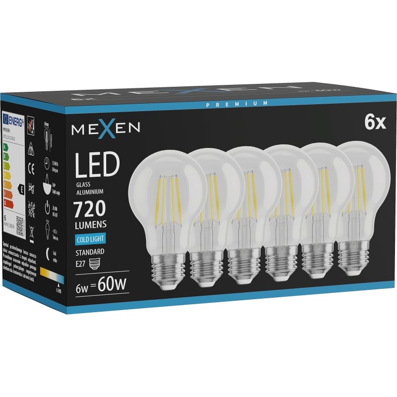 Mexen Vintis 6x Lampadina a filamento LED E27, A60, 6W, Fredda - 6500K, 720 lm, trasparente - L150-E27-0665-00x06