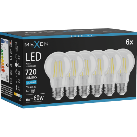 Mexen Vintis 6x Filament LED lamp E27, A60, 6W, Koud - 6500K, 720 lm, helder - L150-E27-0665-00x06