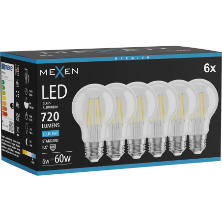 Mexen Vintis 6x Filamenta LED spuldze E27, A60, 6W, Auksts - 6500K, 720 lm, caurspīdīgs - L150-E27-0665-00x06