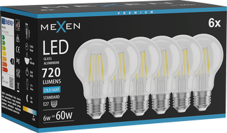Mexen Vintis 6x LED-filamentpirn E27, A60, 6W, külm - 6500K, 720 lm, selge - L150-E27-0665-00x06