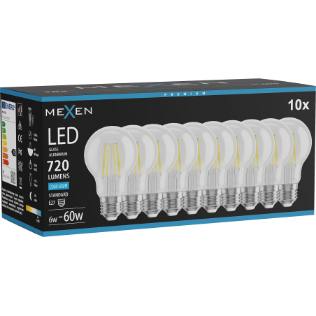 Mexen Vintis 10x lampadina LED a filamento E27, A60, 6W, Fredda - 6500K, 720 lm, trasparente - L150-E27-0665-00x10