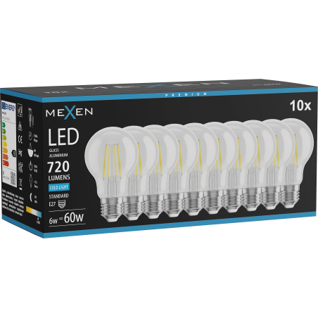 Mexen Vintis 10x LED kvēldiega spuldze E27, A60, 6W, Auksta - 6500K, 720 lm, caurspīdīga - L150-E27-0665-00x10