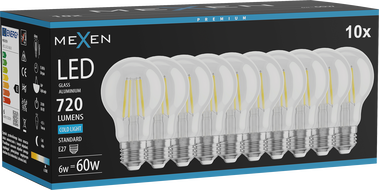Mexen Vintis 10x LED filament žarulja E27, A60, 6W, Hladna - 6500K, 720 lm, čista - L150-E27-0665-00x10