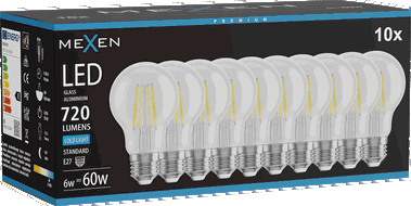 Mexen Vintis 10x żarówka filament LED E27, A60, 6W, Zimna - 6500K, 720 lm, clear - L150-E27-0665-00x10