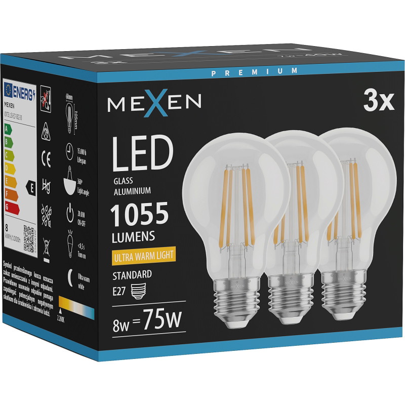 Mexen Vintis 3x Bombilla de filamento LED E27, A60, 8W, Cálida - 2200K, 1055 lm, transparente - L150-E27-0822-00x03