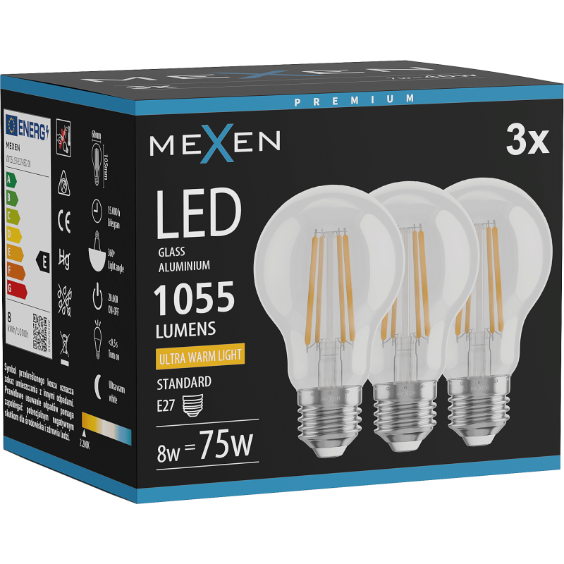 Mexen Vintis 3x LED filamentna žarnica E27, A60, 8W, Topla - 2200K, 1055 lm, prozorna - L150-E27-0822-00x03