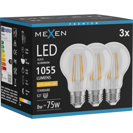 Mexen Vintis 3x Bombilla de filamento LED E27, A60, 8W, Cálida - 2200K, 1055 lm, transparente - L150-E27-0822-00x03