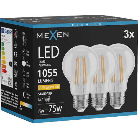 Mexen Vintis 3x LED filamentlampa E27, A60, 8W, Varm - 2200K, 1055 lm, klar - L150-E27-0822-00x03
