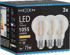 Mexen Vintis 3x LED-hehkulanka filamentti E27, A60, 8W, Lämmin - 2200K, 1055 lm, kirkas - L150-E27-0822-00x03