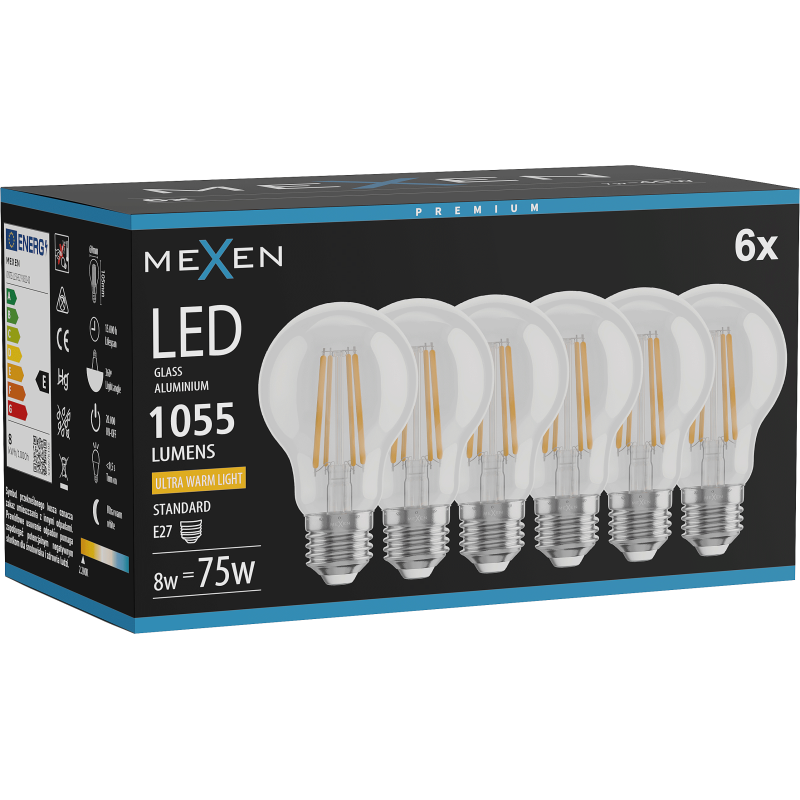 Mexen Vintis 6x Ampoule filament LED E27, A60, 8W, Lumière chaude - 2200K, 1055 lm, transparente - L150-E27-0822-00x06