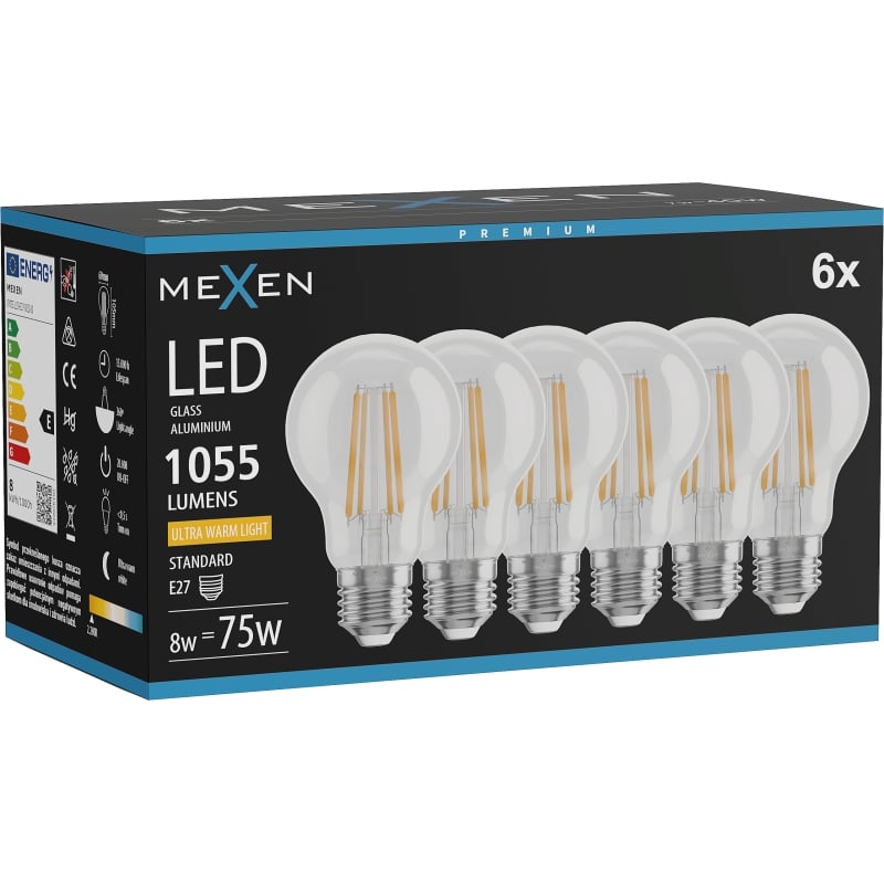 Mexen Vintis 6x Lampadina a filamento LED E27, A60, 8W, Calda - 2200K, 1055 lm, trasparente - L150-E27-0822-00x06