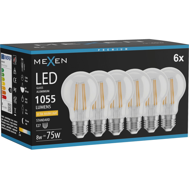 Mexen Vintis 6x LED-filamenttilamppu E27, A60, 8W, Lämmin - 2200K, 1055 lm, kirkas - L150-E27-0822-00x06
