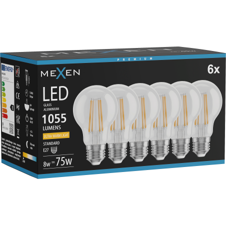 Mexen Vintis 6x LED filament spuldze E27, A60, 8W, Silta gaisma - 2200K, 1055 lm, caurspīdīga - L150-E27-0822-00x06