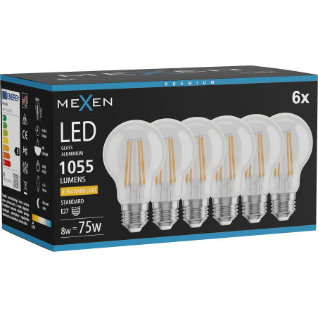 Mexen Vintis 6x LED filamentlampa E27, A60, 8W, Varm - 2200K, 1055 lm, klar - L150-E27-0822-00x06