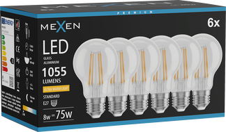 Mexen Vintis 6x hõõgniidiga LED-lamp E27, A60, 8W, Soe - 2200K, 1055 lm, läbipaistev - L150-E27-0822-00x06