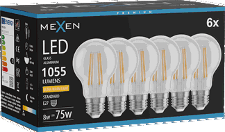 Mexen Vintis 6x LED filament spuldze E27, A60, 8W, Silta gaisma - 2200K, 1055 lm, caurspīdīga - L150-E27-0822-00x06