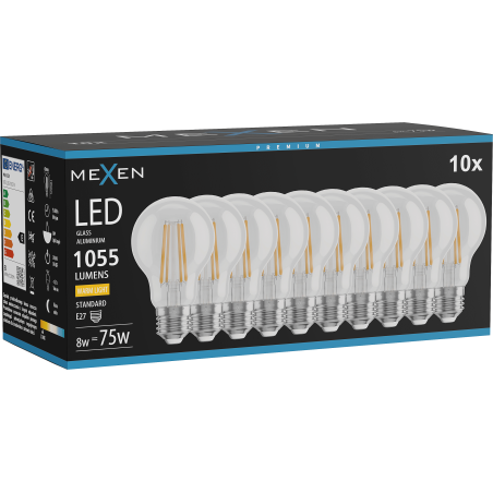 Mexen Vintis 10x lampadina a filamento LED E27, A60, 8W, Calda - 2200K, 1055 lm, trasparente - L150-E27-0822-00x10
