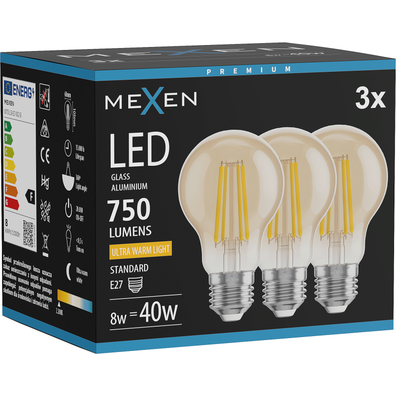 Mexen Vintis 3x LED filament žarnica E27, A60, 8W, Topla - 2200K, 750 lm, jantar - L150-E27-0822-50x03