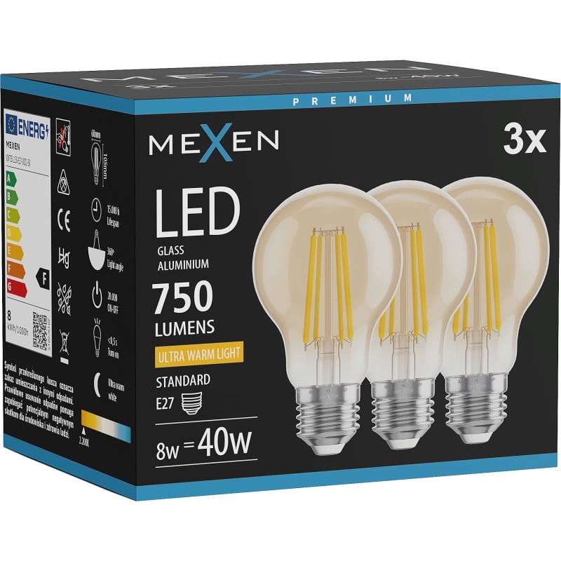 Mexen Vintis 3x LED-filamentlamp E27, A60, 8W, Warm - 2200K, 750 lm, amber - L150-E27-0822-50x03