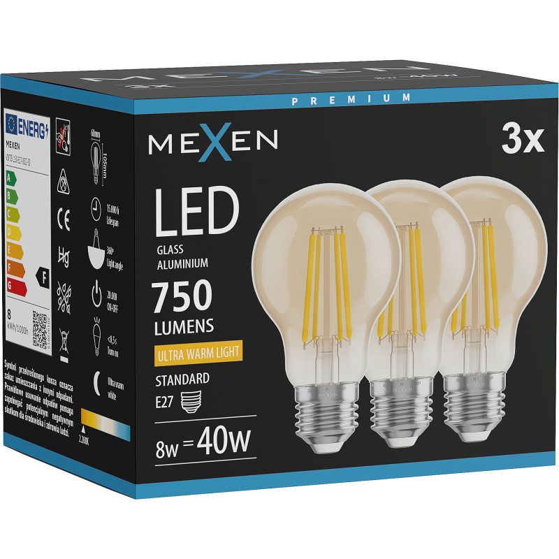 Mexen Vintis 3x LED-filamenttilamppu E27, A60, 8W, Lämmin - 2200K, 750 lm, meripihka - L150-E27-0822-50x03