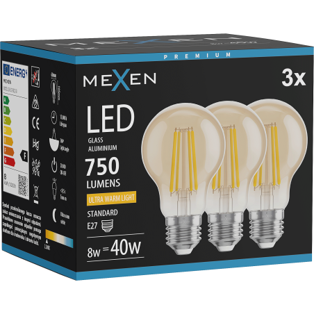 Mexen Vintis 3x LED-filamentlamp E27, A60, 8W, Warm - 2200K, 750 lm, amber - L150-E27-0822-50x03