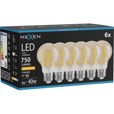 Mexen Vintis 6x Filament LED-lamp E27, A60, 8W, Warm - 2200K, 750 lm, amber - L150-E27-0822-50x06