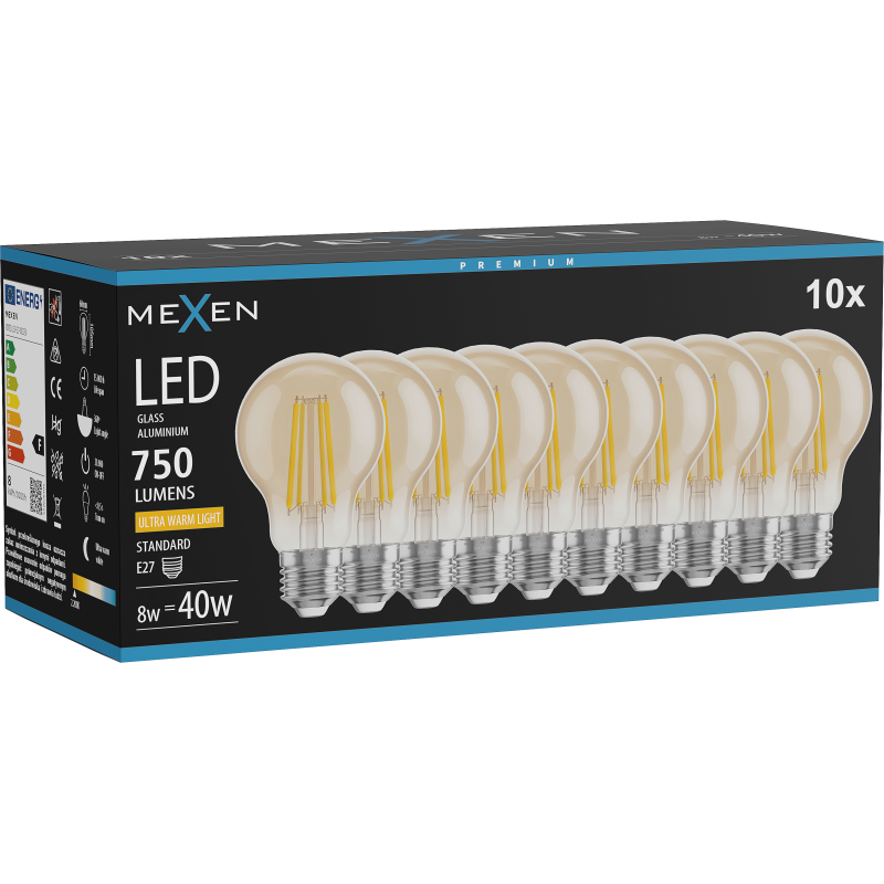 Mexen Vintis 10x LED filamenta spuldze E27, A60, 8W, Silta - 2200K, 750 lm, dzintars - L150-E27-0822-50x10
