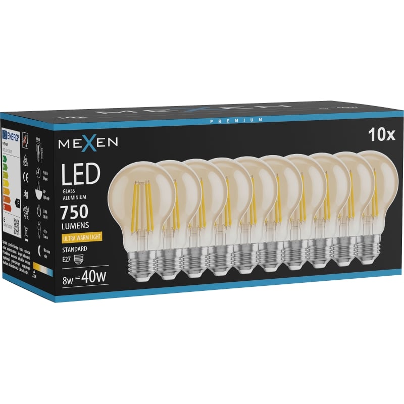 Mexen Vintis 10x LED-Filamentlampe E27, A60, 8W, Warm - 2200K, 750 lm, Bernstein - L150-E27-0822-50x10
