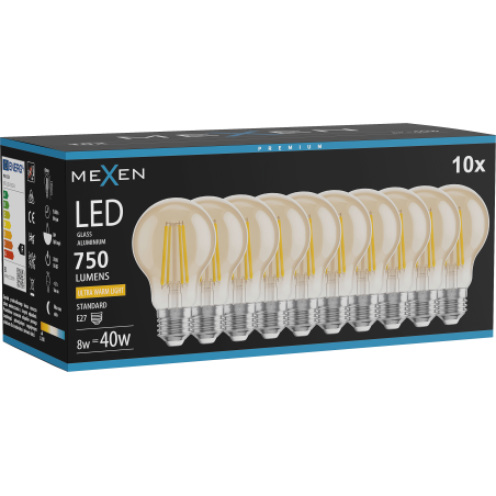 Mexen Vintis 10x LED filamenta spuldze E27, A60, 8W, Silta - 2200K, 750 lm, dzintars - L150-E27-0822-50x10