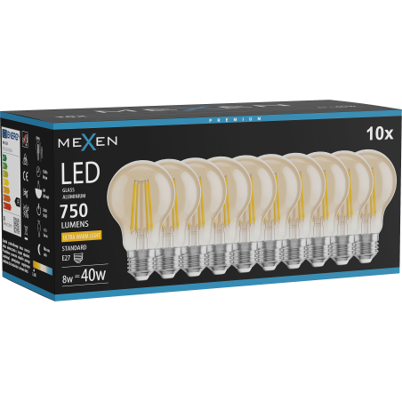 Mexen Vintis 10x LED-Filamentlampe E27, A60, 8W, Warm - 2200K, 750 lm, Bernstein - L150-E27-0822-50x10