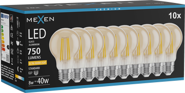 Mexen Vintis 10x Ampoule à filament LED E27, A60, 8W, Chaude - 2200K, 750 lm, ambre - L150-E27-0822-50x10