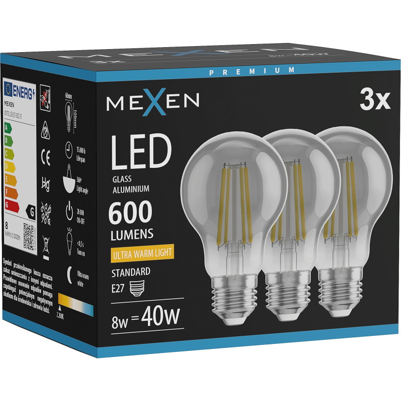 Mexen Vintis 3x żarówka filament LED E27, A60, 8W, Ciepła - 2200K, 600 lm, smoke - L150-E27-0822-70x03