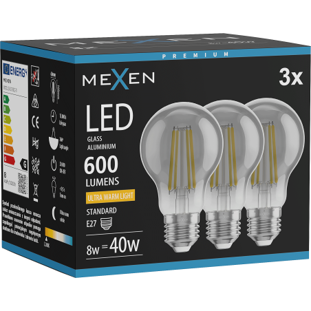 Mexen Vintis 3x Filament LED-lamp E27, A60, 8W, Warm - 2200K, 600 lm, rook - L150-E27-0822-70x03