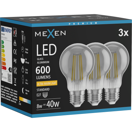 Mexen Vintis 3x LED-Filament-Leuchtmittel E27, A60, 8W, Warm - 2200K, 600 lm, Rauch - L150-E27-0822-70x03