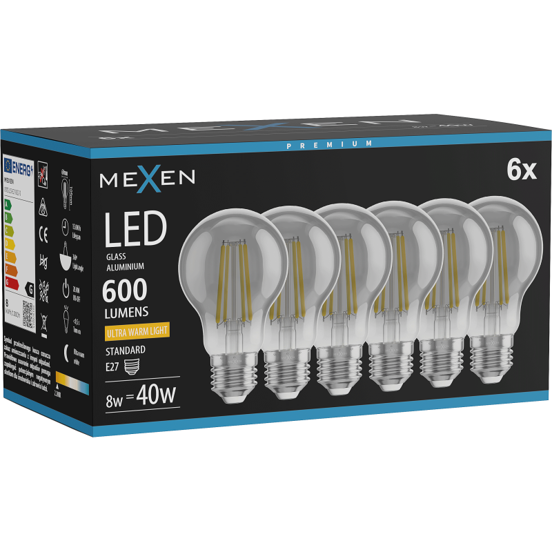 Mexen Vintis 6x LED filament žarnica E27, A60, 8W, Topla - 2200K, 600 lm, dimna - L150-E27-0822-70x06