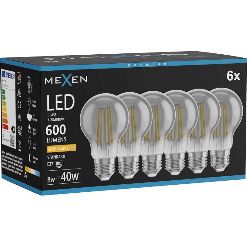 Mexen Vintis 6x LED-filamenttilamppu E27, A60, 8W, Lämmin - 2200K, 600 lm, savu - L150-E27-0822-70x06