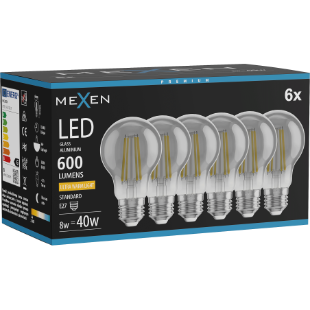 Mexen Vintis 6x Ampoule filament LED E27, A60, 8W, Chaude - 2200K, 600 lm, fumée - L150-E27-0822-70x06