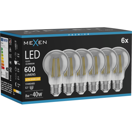 Mexen Vintis 6x LED-Filament-Glühbirne E27, A60, 8W, Warm - 2200K, 600 lm, Smoke - L150-E27-0822-70x06