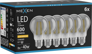 Mexen Vintis 6x LED-filamentlamp E27, A60, 8W, Soe - 2200K, 600 lm, suitsutatud - L150-E27-0822-70x06
